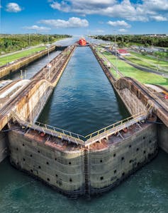 View of the Panama Canal with a ship approaching