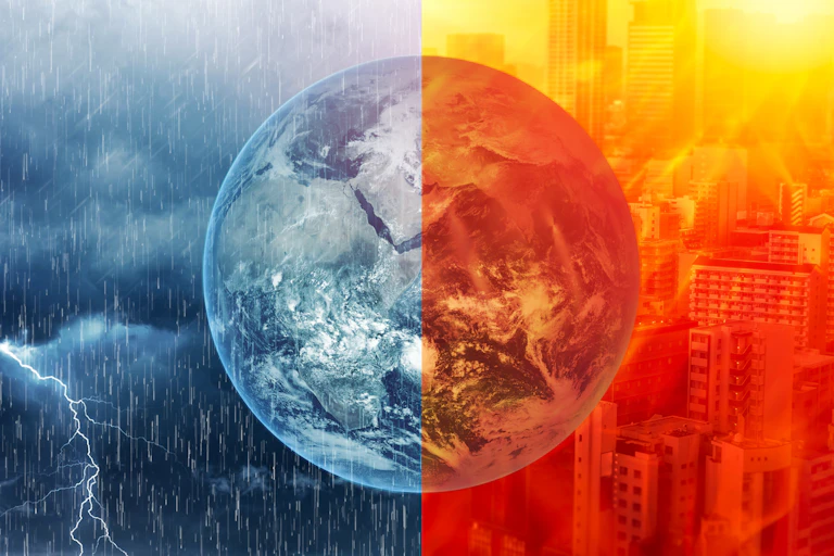 graphic of earth half split into red wildfires, half grey heavy rain