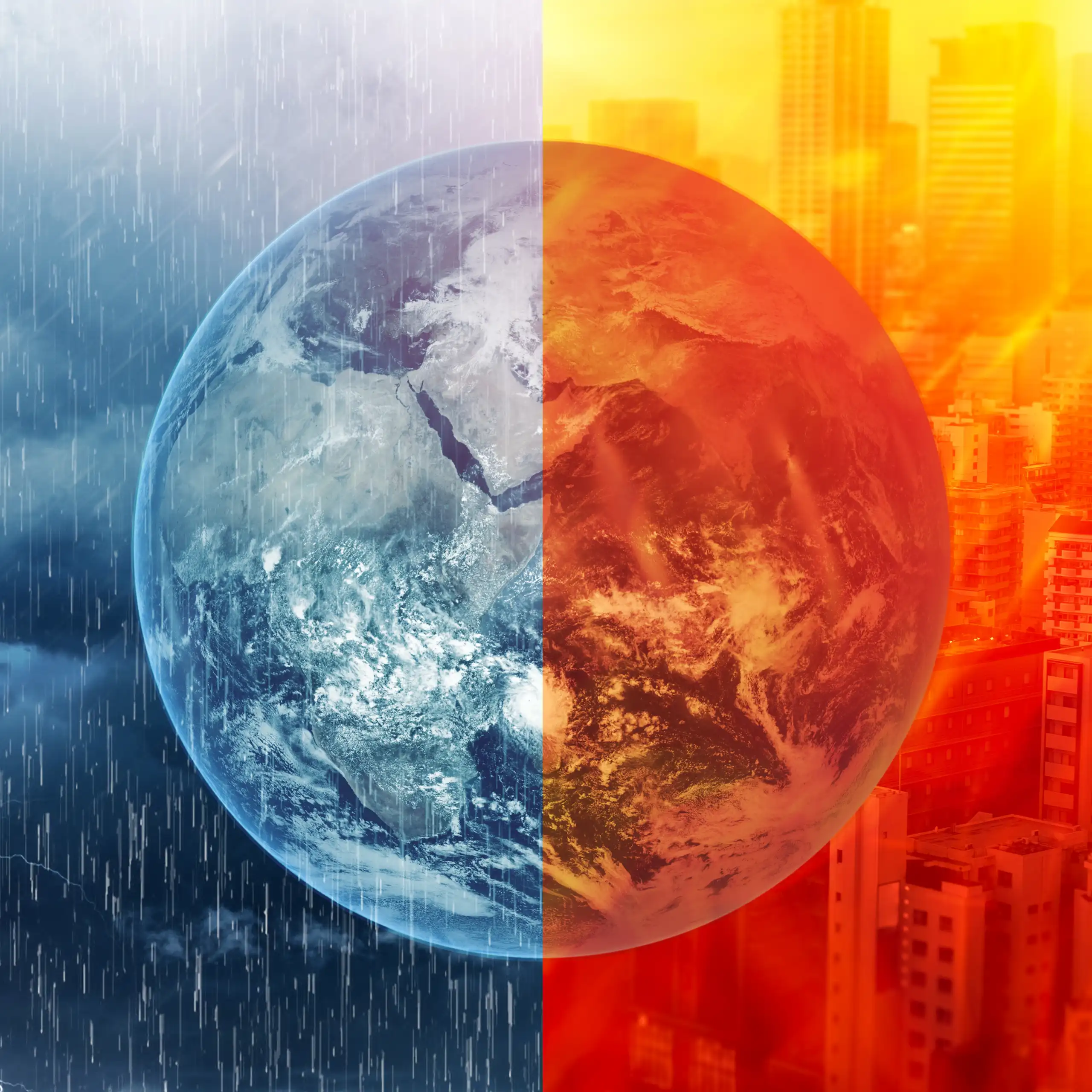 graphic of earth half split into red wildfires, half grey heavy rain