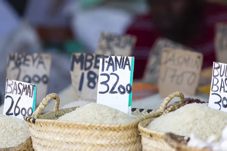 bags of rice in a market in Zanzibar, Tanzania