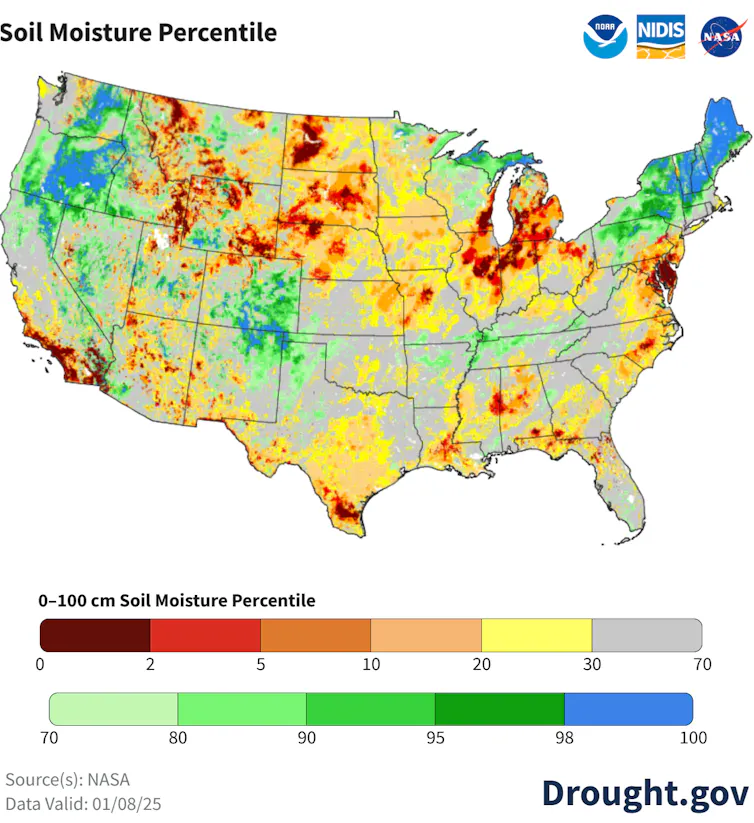 A map shows very low soil moisture in the Southern California area.