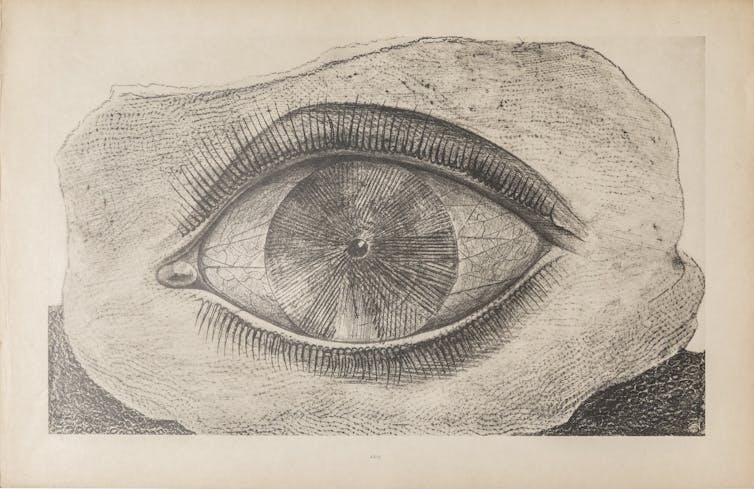 Dibujo de un ojo según la técnica del frottage.