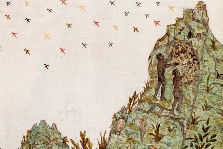 Uma ilustração grosseira de duas pessoas de pele escura coletando material brilhante em uma montanha, com pássaros no céu atrás delas.