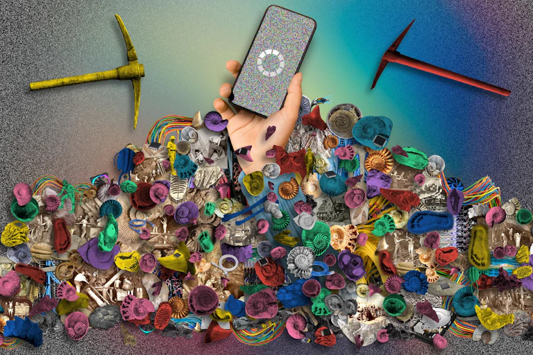 Two mining picks hovering above a pile of colourful fossils, out of which rises a hand holding a mobile phone.