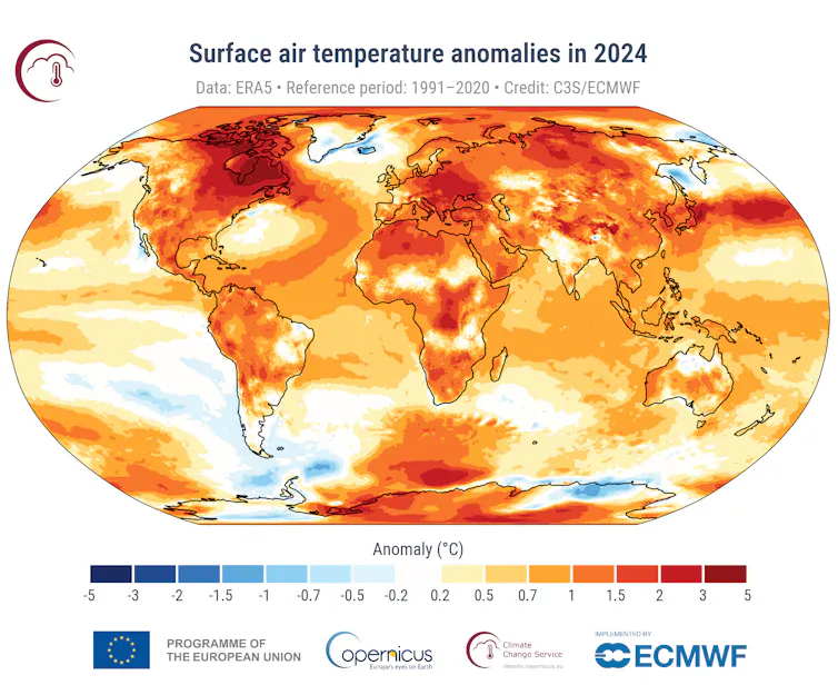 Map shows surface air temperature anomalies in 2024, with extreme heat over Canada, Europe and the polar regions, and just about everywhere well above average.
