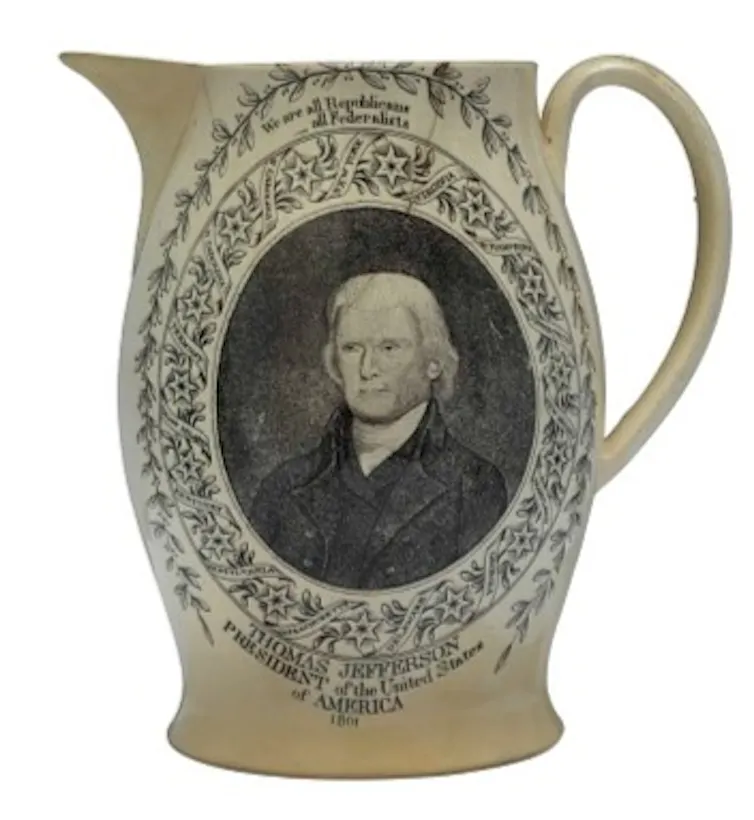'We are all Republicans....all Federalists' reads a quote on an ivory pitcher with Thomas Jefferson's image on it.