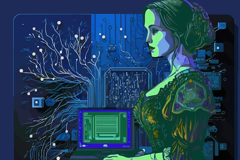 Ada Lovelace in front of a motherboard