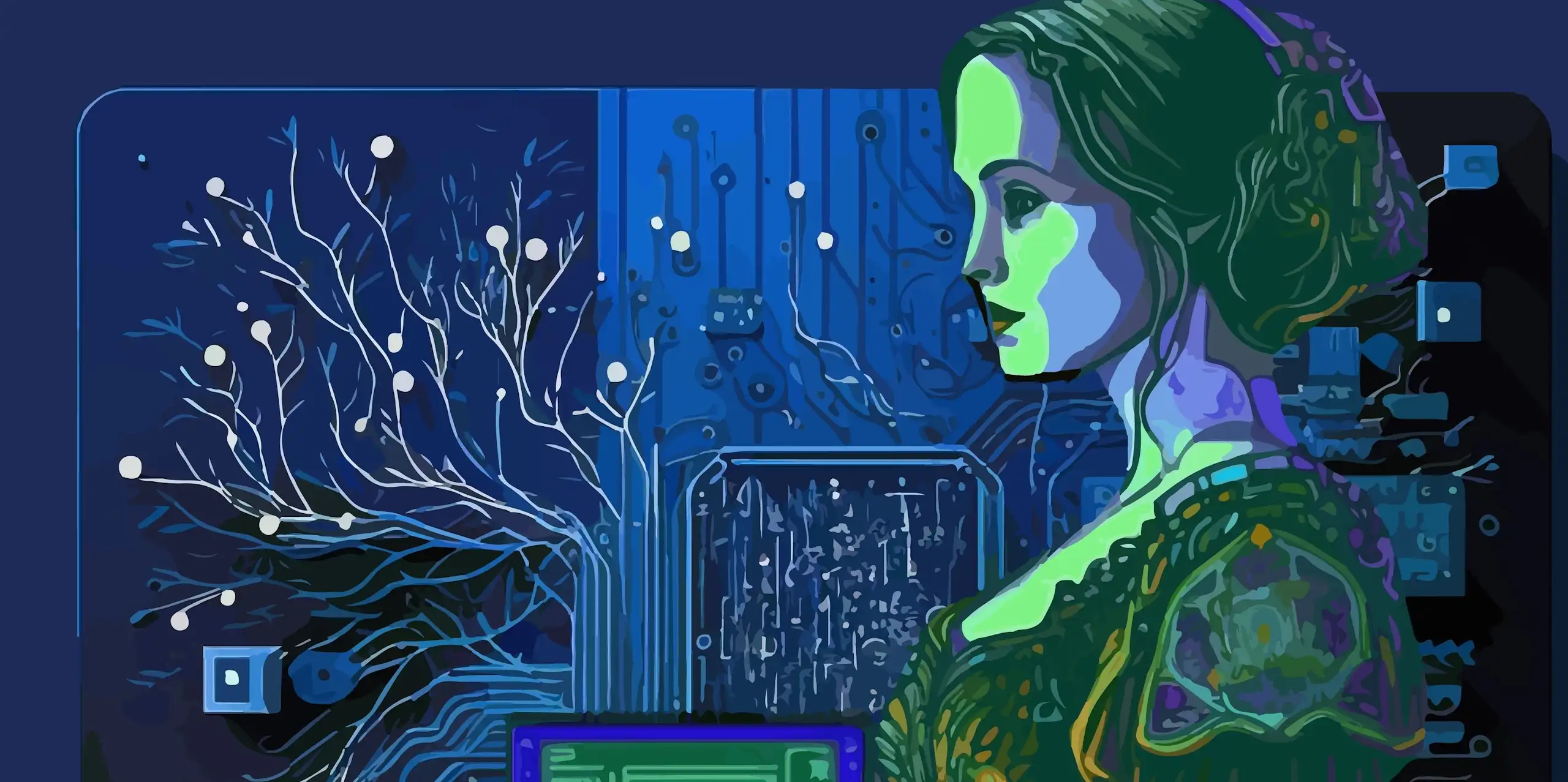 Ada Lovelace in front of a motherboard