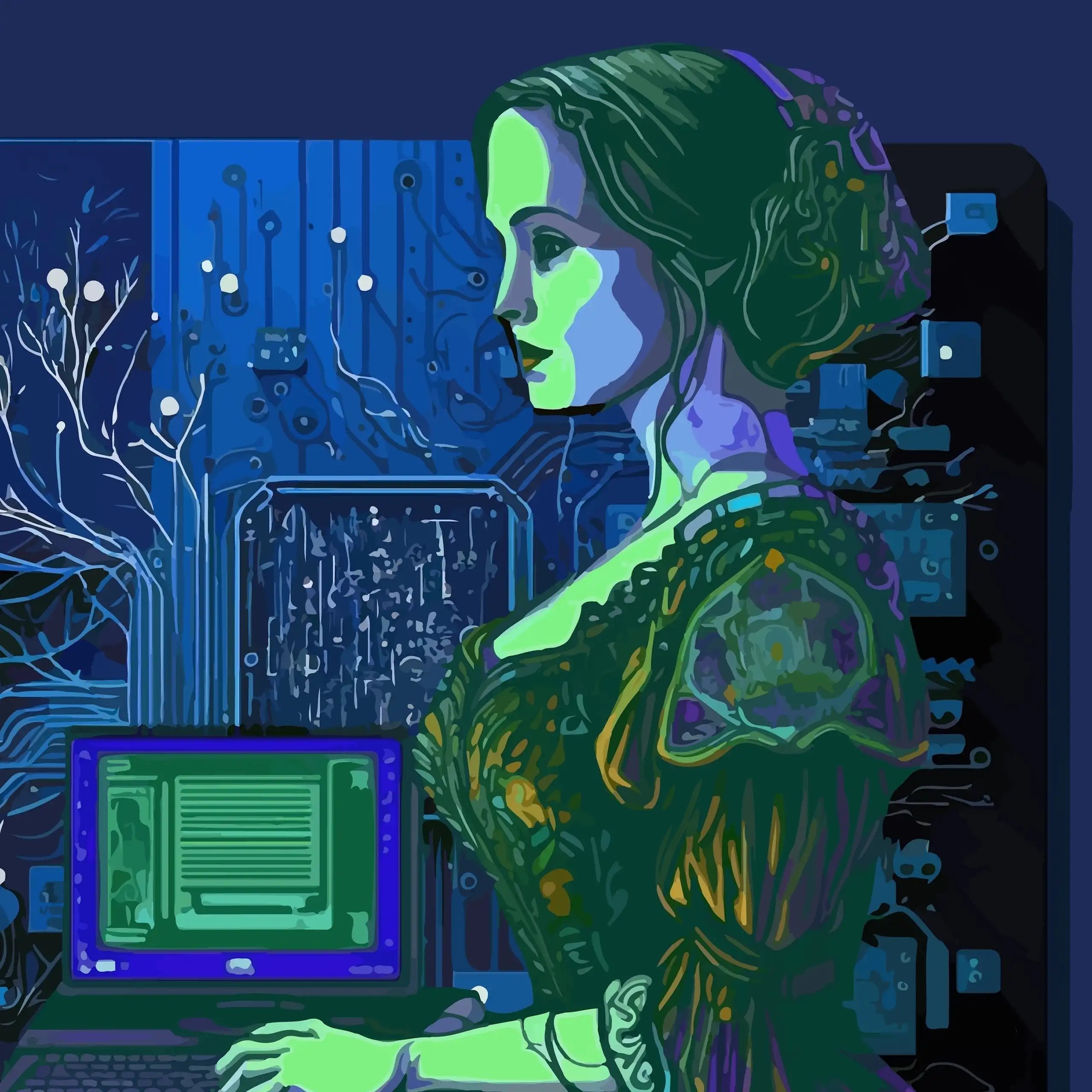 Ada Lovelace in front of a motherboard