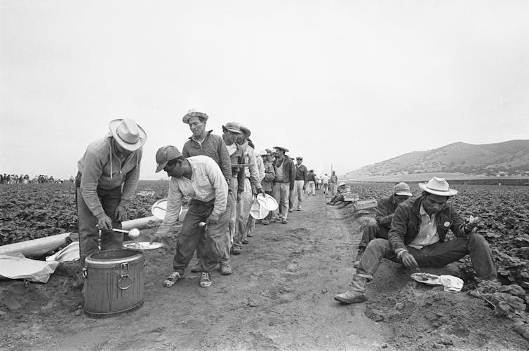 Farmworkers line up for lunch in a field in an old black and white photo.