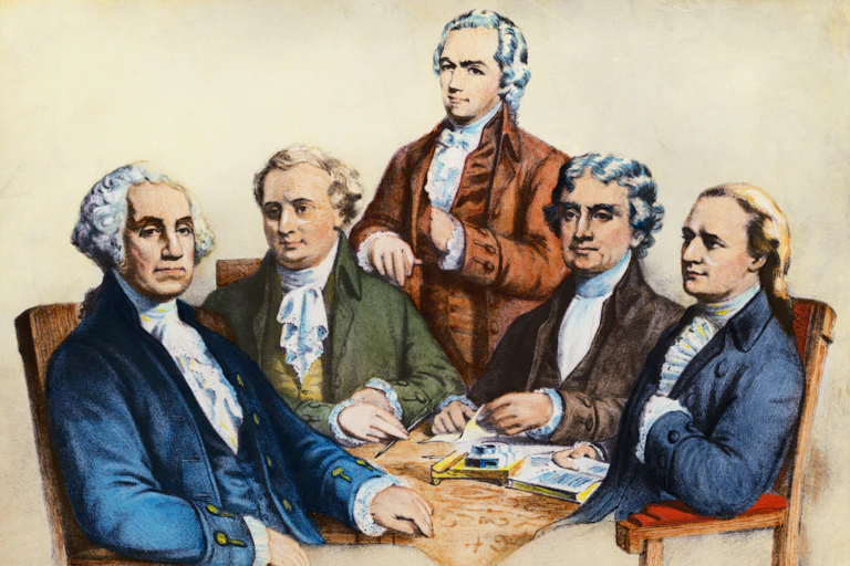 Four men sitting, one standing, in colonial dress.