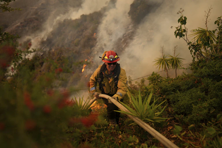 firefighter holding hose in smoky landscape