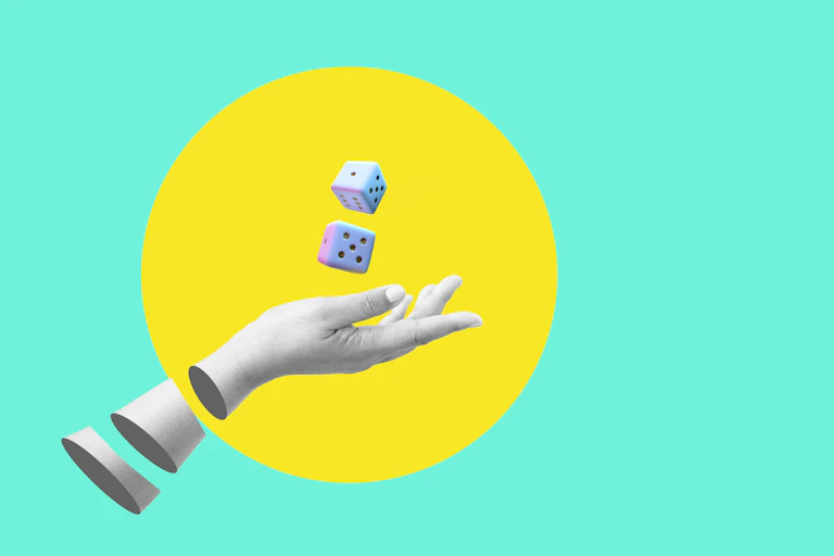 Colourful illustration of a hand tossing a pair of dice.
