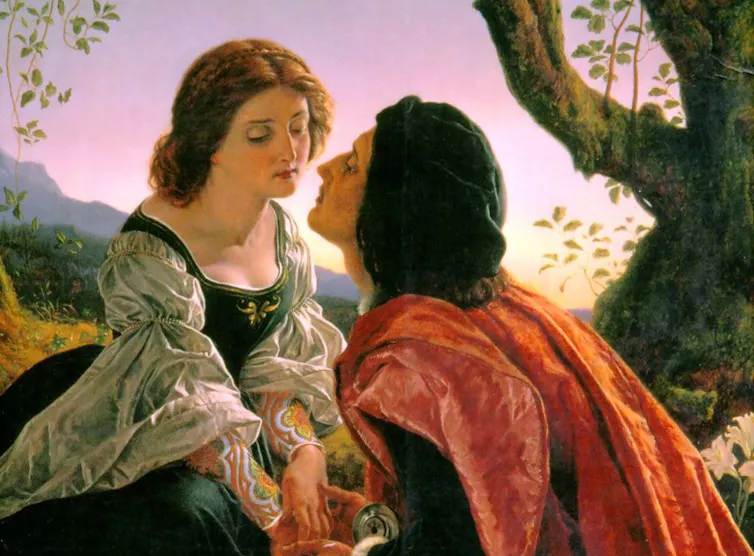 Painting of two lovers, the man leaning in to kiss the woman