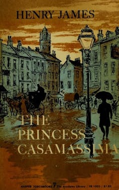 Book cover freaturing an orange and green watercolor painting of a rainy city street scene with shadowy pedestrians.