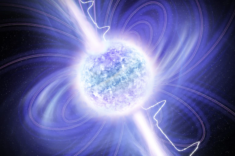 Illustration of a brightly glowing star surrounding by loops of magnetic field and emitting beams of light.