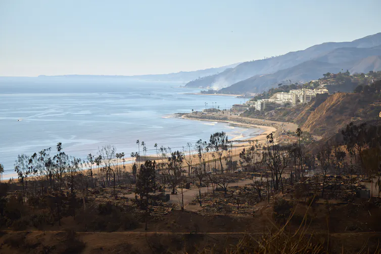 A view of the remains of homes destroyed by the Palisades wildfire in the Pacific Palisades neighborhood of Los Angeles