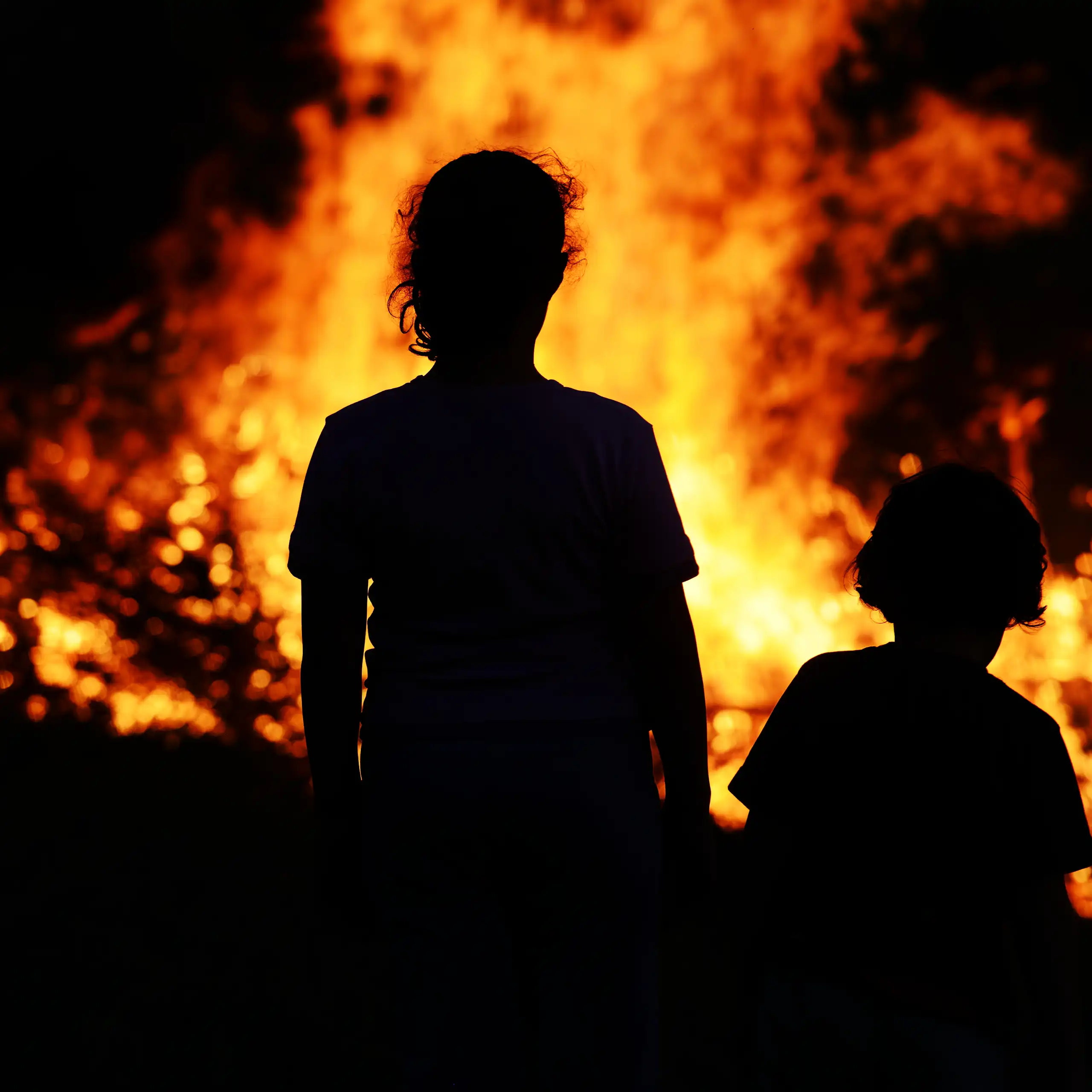 Deux personnes regardent, sidérées, un feu de forêt.