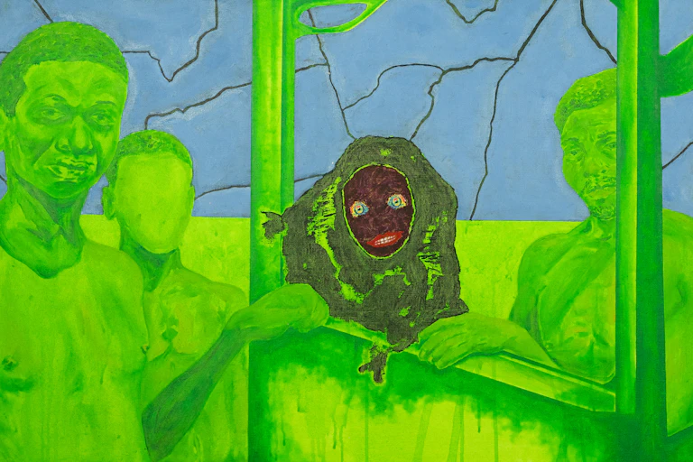 A painting in lurid green with a cracked blue background. Three shirtless African men stand around a doorframe. An abstract, ghostlike figure stands in the middle with a brown face in a shapeless body.