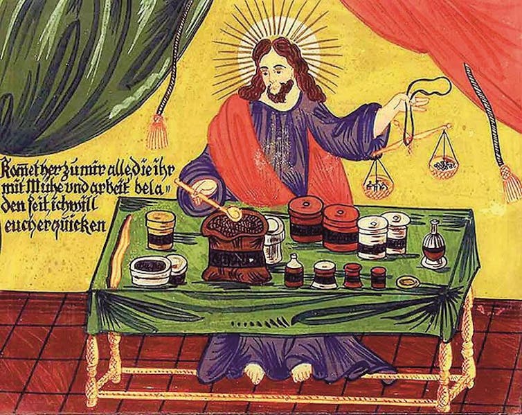 Representación de Cristo como farmacéutico, de pintor desconocido, procedente de una hoja de registro familiar fechada en 1662.