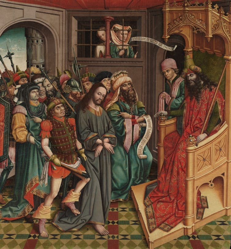 The name of the game of Aldonze de Mendosis, which is reflected in artwork 4 The image where Christ brings himself in front of the pilate while the woman looks at the windows.