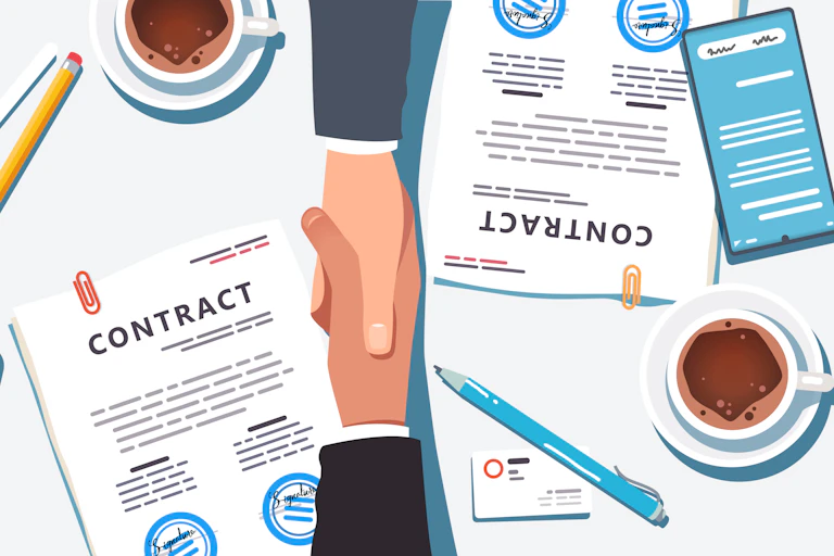 Illustration of business people shaking hands over paper and digital