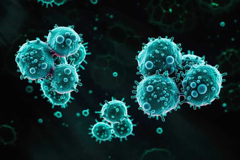 Illustration of clumps of teal cancer cells floating against a black background