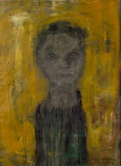 A portrait of a deadpan man in smudgy paint.