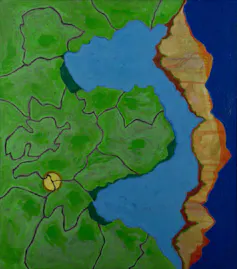 A green, blue and brown map.
