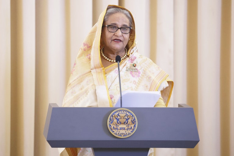 Bangladeshi prime minister, SHeikh Hasina, speaking at a lectuern in Thailand during a state visit in April 2024.