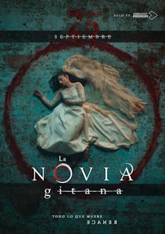 From 'Curro Jimenez' to 'Drag Race': (advanced) illustration of Gypsies in Spanish TV sequence 1 Poster depicting a woman dressed in white with a bloody dress inside a red circle.