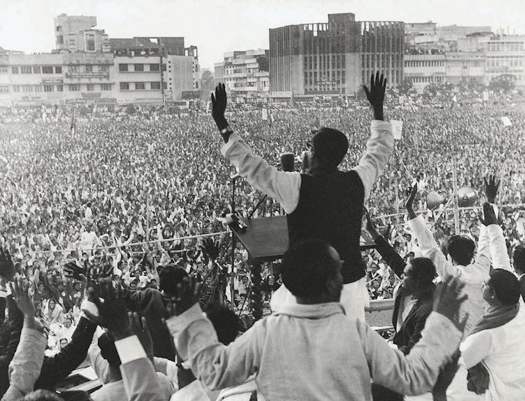 Bangladeshi democracy leqadaer, Sheikh Mujibur Rahman, addressing a rally in Dhaka's Paltan Maidan in 1970.