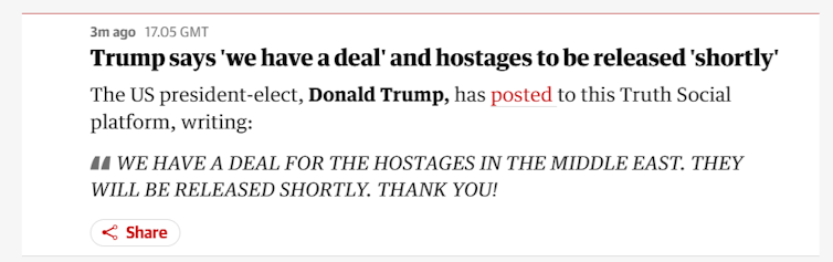 Cutout of page from the Guardian showing Tweet from Donald Trump about ceasefire deal.