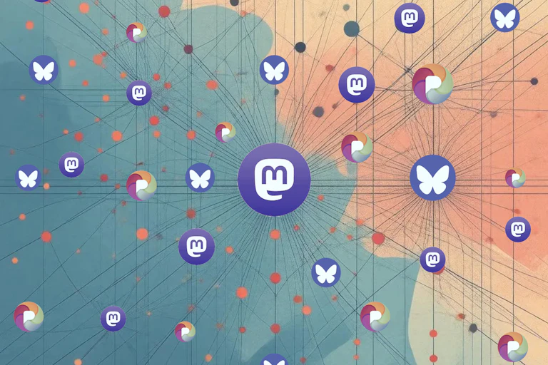 Numerous circles containing one of three logos connected by fine lines