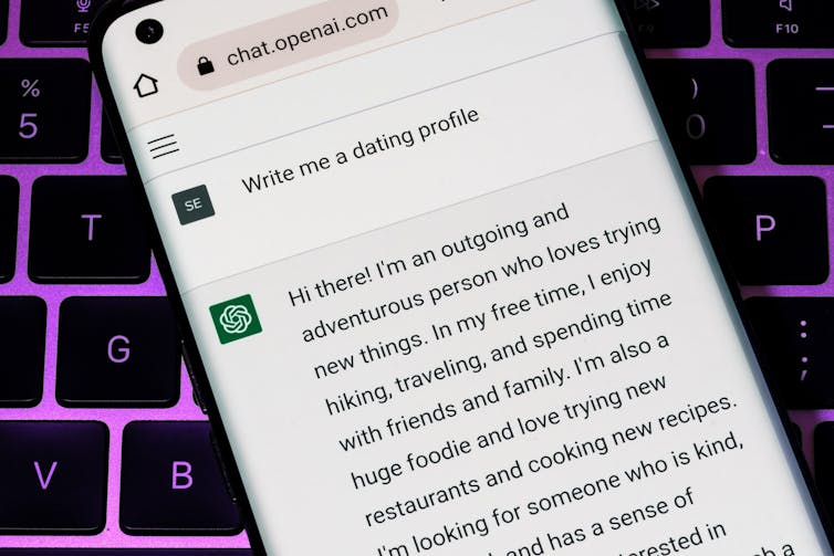 AI Moves In as Young People Move On from Dating Apps 3 Closeup of a smartphone screen showing a ChatGPT answer to the prompt 'write me a dating profile'