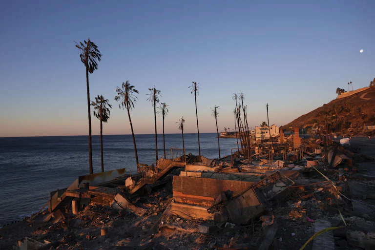 A beach front home destroyed by the Palisades Fire is seen in Malibu