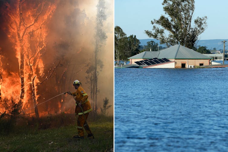 Composite image showing a bushfire on one side and a flooded house on the other