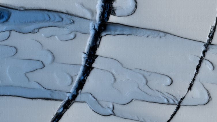 An ice sheet with lava-like, flowing shapes.