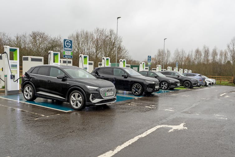 A row of electric cars plugged into public chargers.