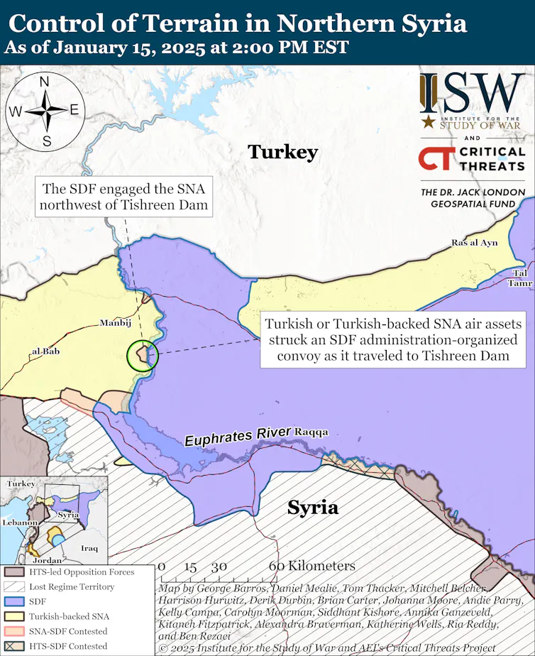 A map showing control of terrain in northern Syria.