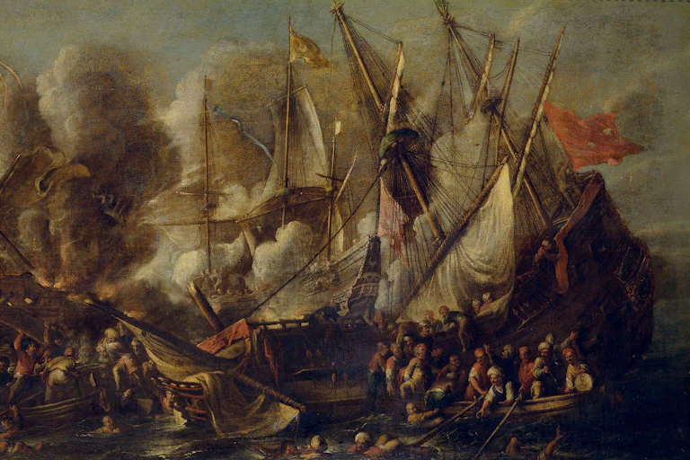 A 17th century oil painting of wooden ships in heavy weather.