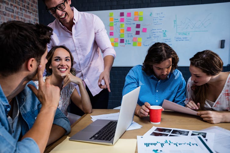 Industry: (added) price, so deeply human, of dialog 1 Employees chat and laugh together
