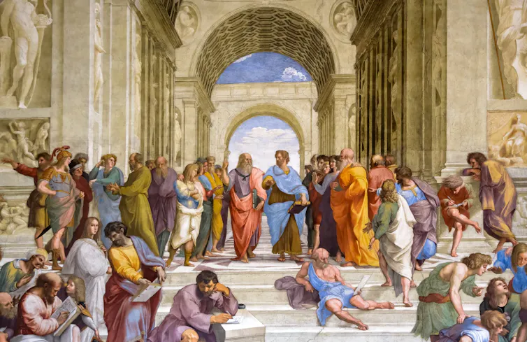 A painting of a room full of philosophers