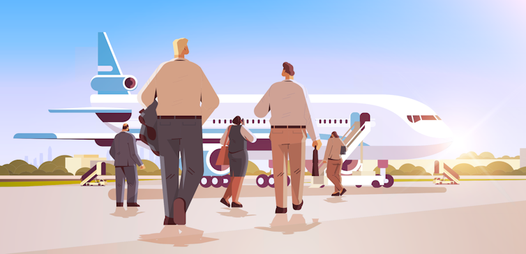 Illustration of passengers boarding a flight
