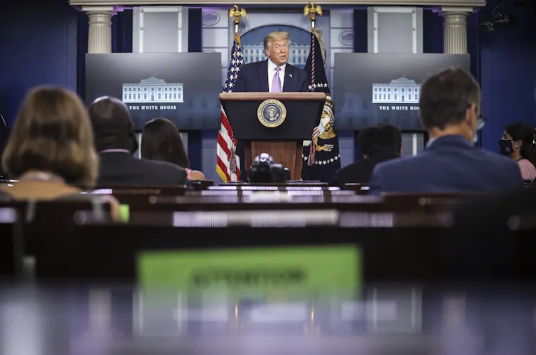 Donald Trump speaks at a press conference in the White House, August 2020.