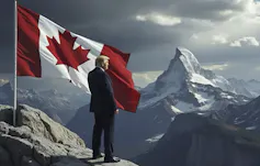 An AI-generated image of a man in a suit standing next to a Canadian flag and looking out over a range of mountains.
