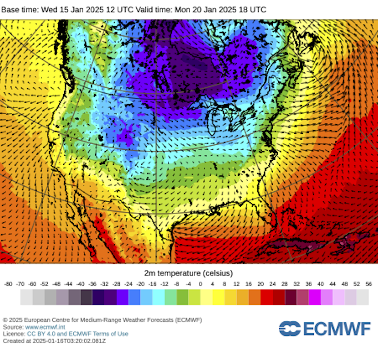 Um mapa mostra uma grande mancha fria que se estende do Canadá até os EUA, de Montana ao nordeste e ao sul de Iowa.