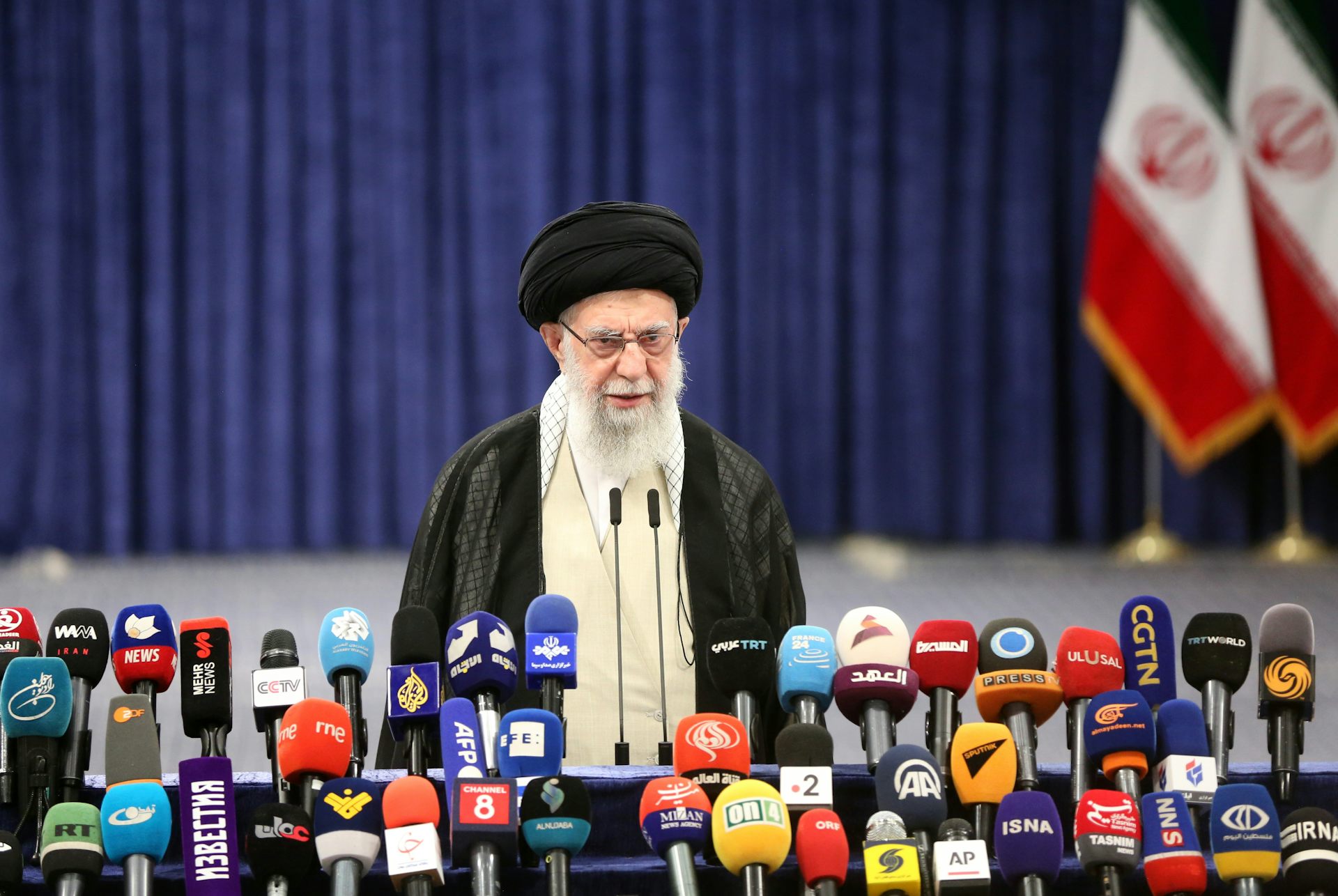 Ayatollah Ali Khamenei speaking to the media.