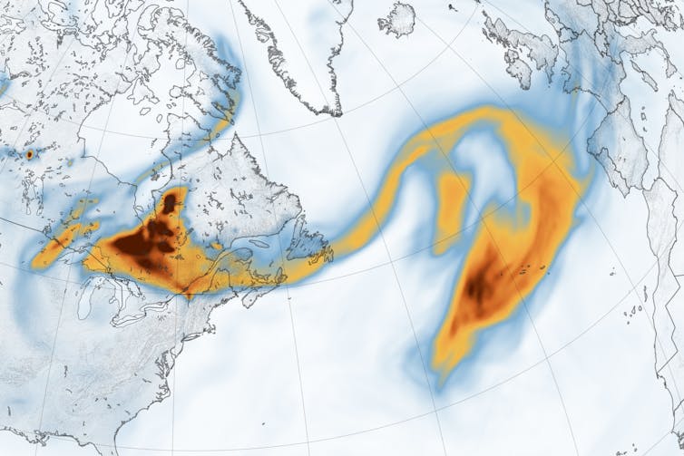 Map showing a yellow and red swirling trail of emissions reaching from eastern Canada across the Atlantic to Spain and Portugal.