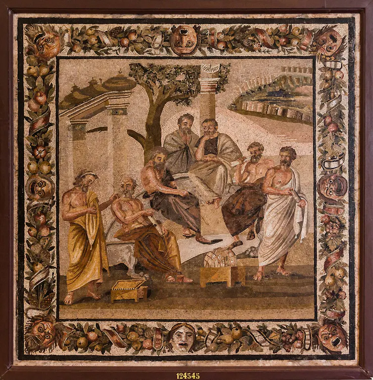 A mosaic depicting Plato's Academy from Pompeii.